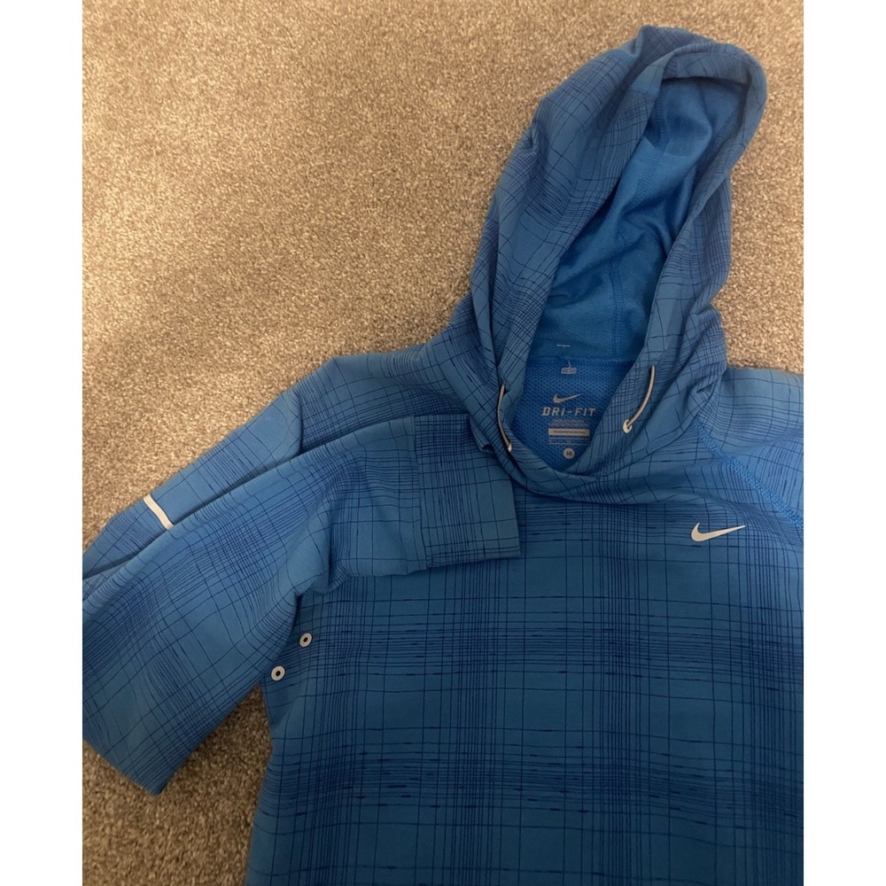 Nike Running Dri Fit Lightweight Hoodie Blue Plaid‎ Like Vented Reflective Gym M